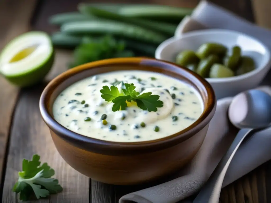 Deliciosa salsa tártara casera en un tazón Deliciosa salsa tártara casera en un tazón sobre mesa de madera