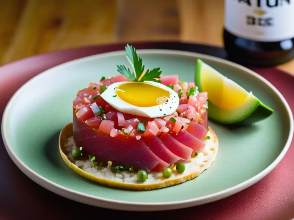 Delicioso tartar de atún con cerveza Delicioso tartar de atún con Berliner Weisse, presentado con elegancia y colores vibrantes (110 caracteres)
