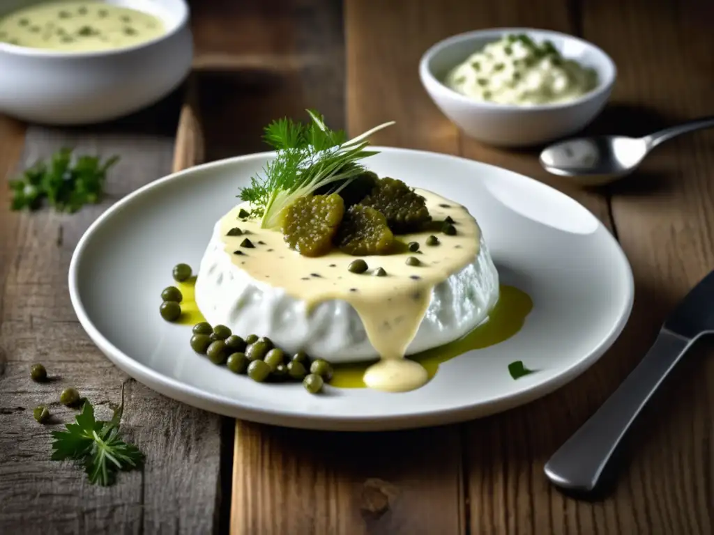 Deliciosa salsa tártara con pickles y hierbas frescas Plato de porcelana blanco con salsa tártara casera, decorada con encurtidos, alcaparras y hierbas frescas