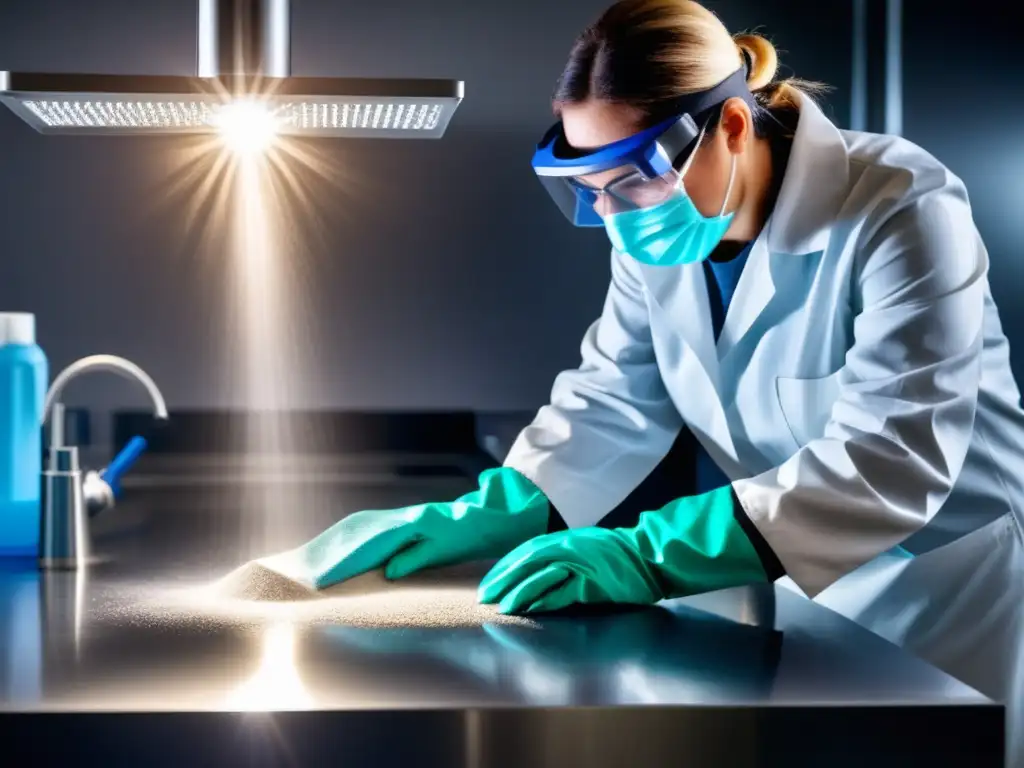 Técnico de laboratorio limpiando con precisión Técnico de laboratorio esterilizando equipo con precisión