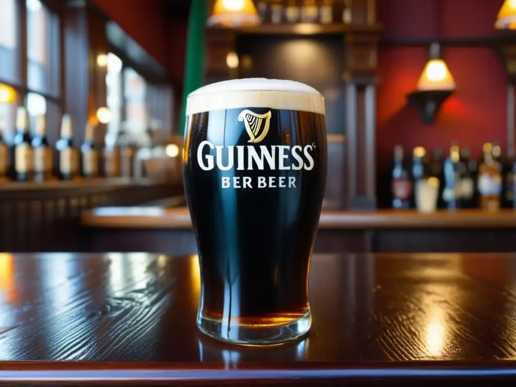 Vibrante escena en Temple Bar, Dublin Bares en Dublin: Imagen detallada y vibrante de Temple Bar, con un pint de Guinness perfectamente servido en un pub irlandes tradicional