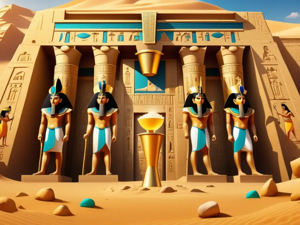 Templo egipcio dedicado a Osiris Templo egipcio dedicado a Osiris, con detalles de hieroglíficos y estatuas de Osiris con copa dorada