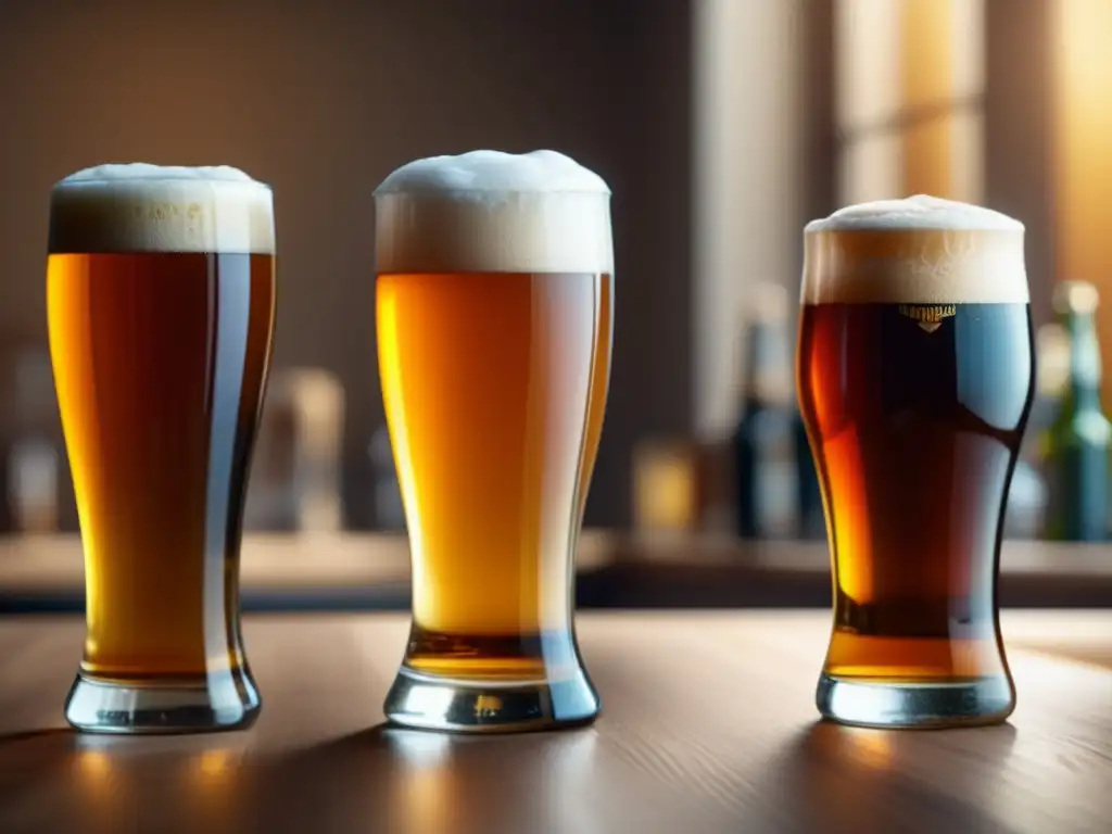 Tres tipos de cerveza en vasos distintos Tres cervezas en distintos vasos: claridad y color en magníficas imágenes
