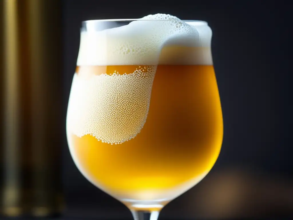 Cerveza Tripel dorada en vaso tulipa Cerveza Tripel dorada y espumosa en copa tulipa, resaltando su color ámbar y espuma cremosa
