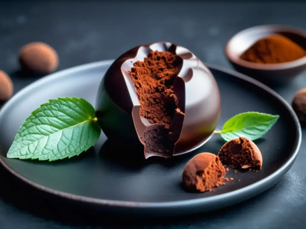 Delicioso trufa de chocolate oscuro rodeada de cocoa y menta Delicioso trufa de chocolate oscuro rodeada de granos de cacao y menta fresca en plato negro mate