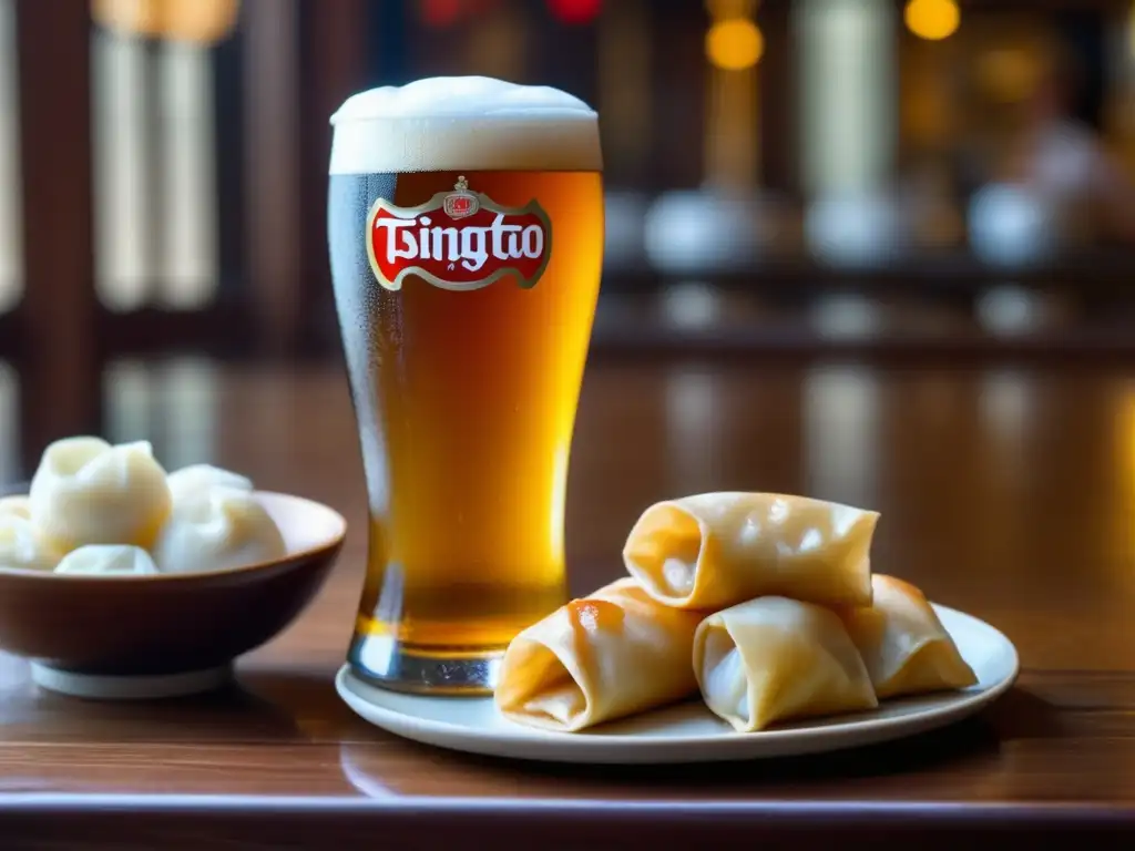 Deliciosa cerveza Tsingtao rodeada de platos chinos tradicionales Tsingtao: Detallada imagen de una copa de cerveza dorada rodeada de platos chinos tradicionales en una mesa de madera tallada