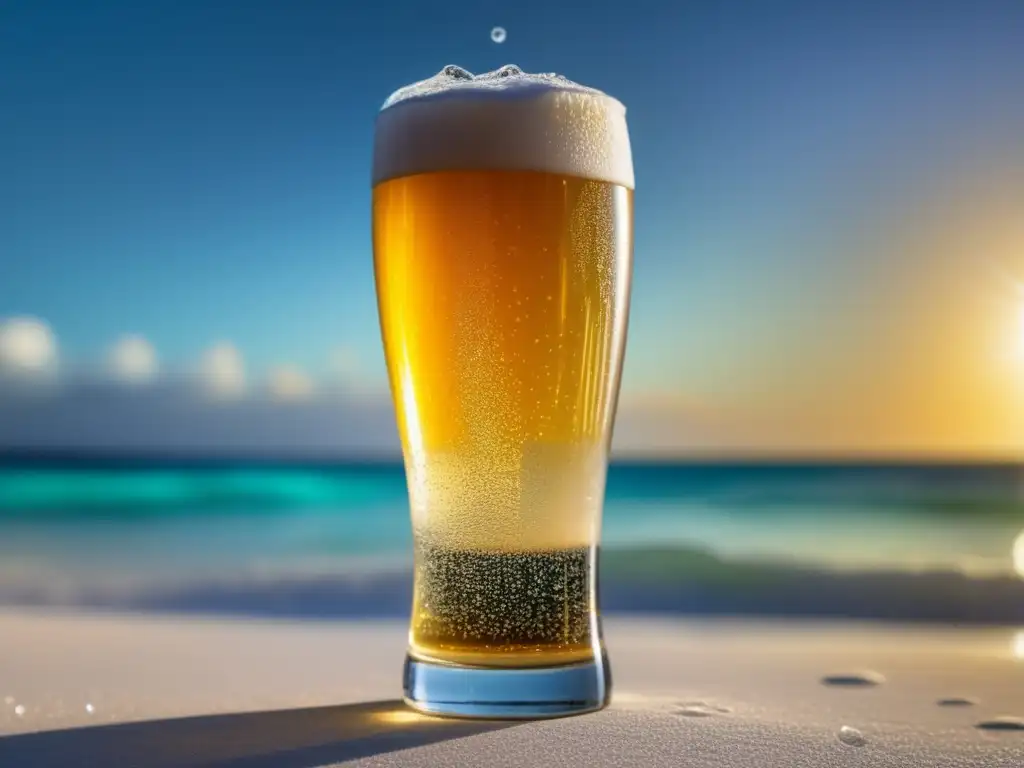 Cerveza Tulum Pilsner en vaso alto y brillante Imagen detallada de cerveza Pilsner Tulum, refrescante y con burbujas, con condensación en el vaso y etiqueta artística