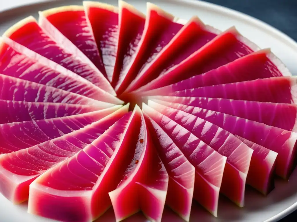 Deliciosa tajada de atún rosa con cebolla morada y pepino Deliciosa túnica de tono rosa, finamente cortada y brillante, junto a cebolla morada y una rodaja de pepino refrescante