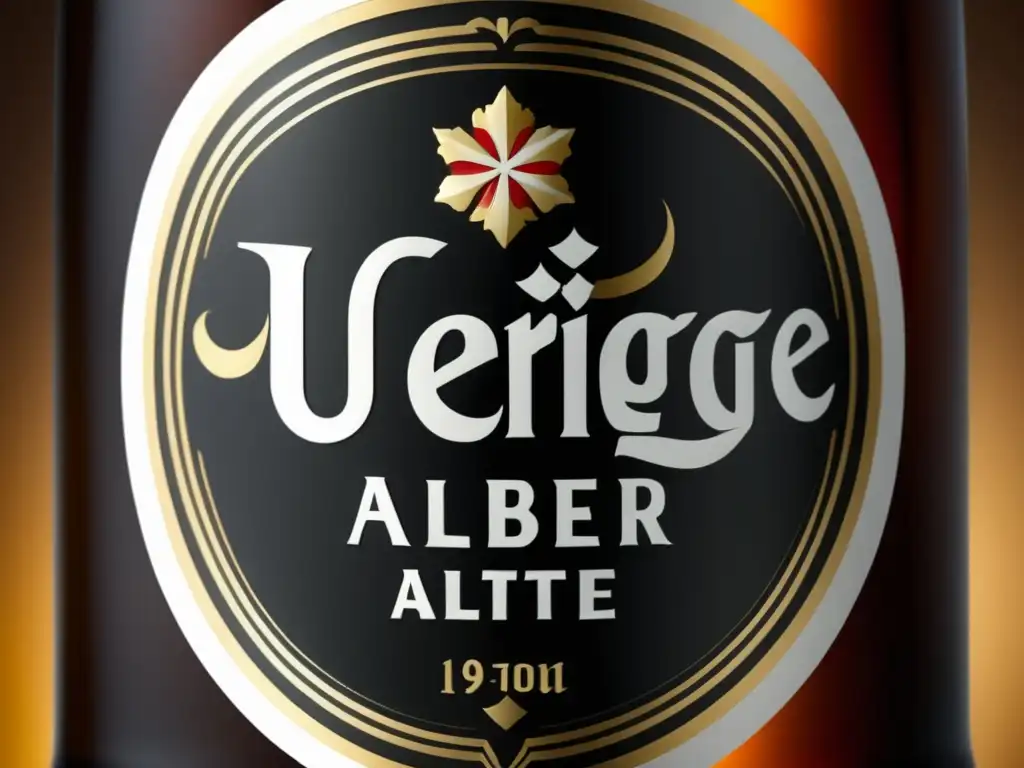 Botella Uerige Altbier: detallada y elegante Detalle elegante de una botella de Uerige Altbier en macrofotografía, resaltando su diseño y color ámbar