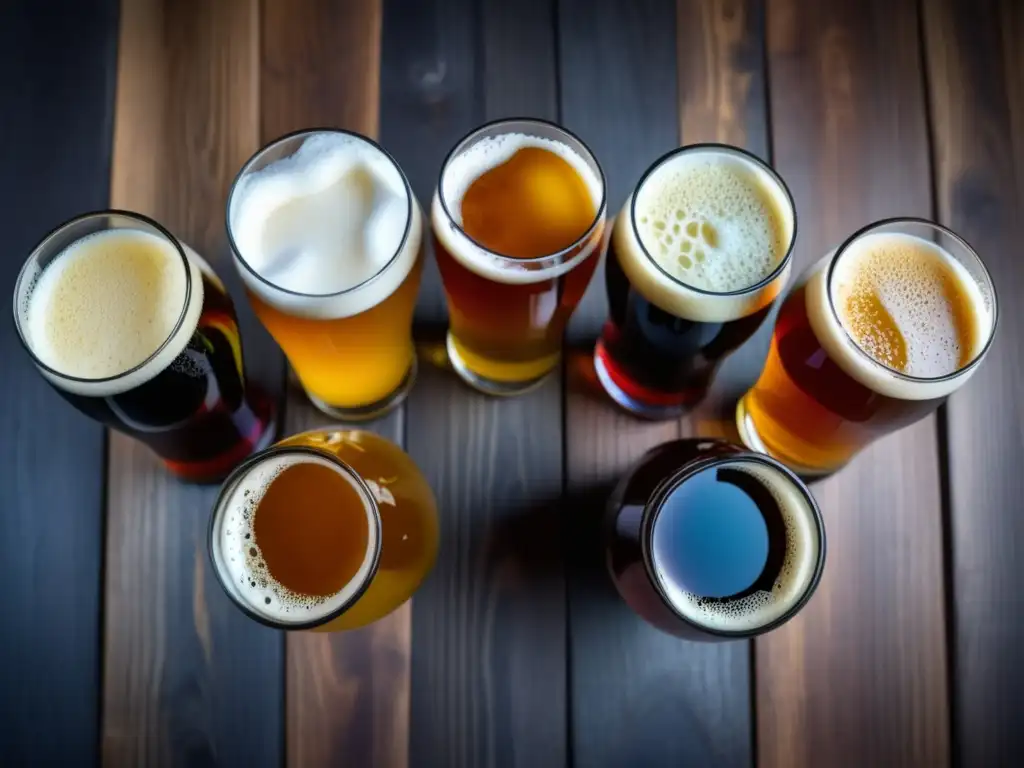 Detalles de cervezas artesanales Cerveza artesanal variada en una copa con tonos vibrantes y texturas, sobre mesa de madera oscura - Evitar la fatiga del paladar