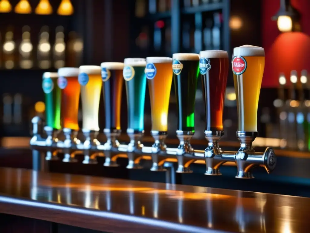 Variedad de cervezas belgas en bar Colorida fila de grifos de cerveza en un bar belga, resalta la variedad y tradición de la cerveza belga en 't Brugs Beertje