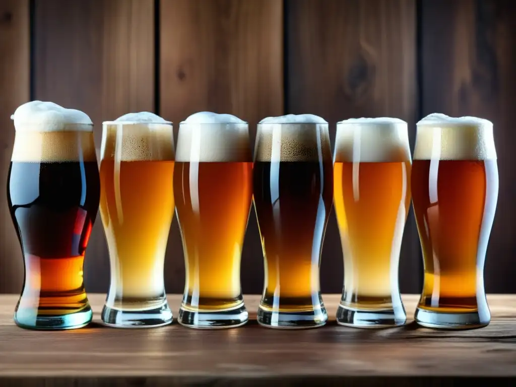 Variedad de cervezas en detalle Varios tipos de cerveza en copas, evita fatiga paladar