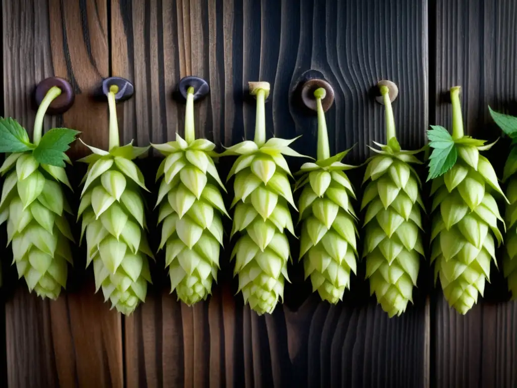 Hops detallados en madera oscura Detalles de lúpulos para selección de ingredientes