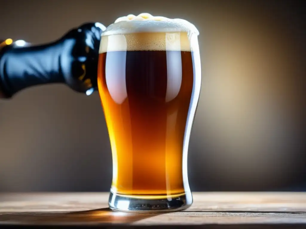 Cerveza artesanal de calidad Vaso de cerveza artesanal ámbar con espuma cremosa y burbujas, en manos con guantes negros - Mercado de Nicho