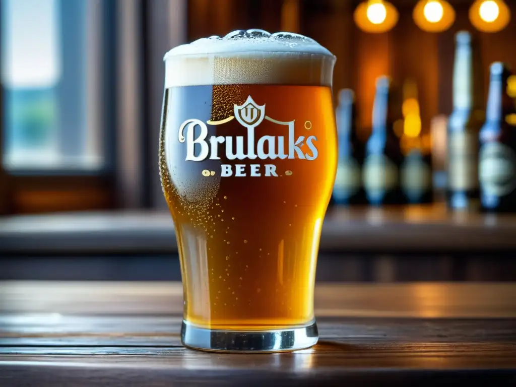 Pintura artesanal de cerveza dorada en vaso sobre mesa de madera - Bares en Bangkok