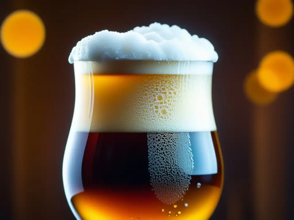 Cerveza Rauchbier: vistoso vaso ámbar con espuma cremosa resaltando burbujas y detalles, condensación refrescante