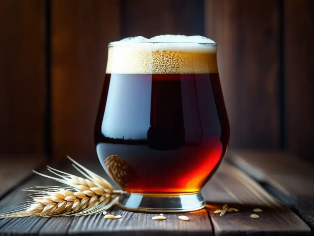 Barleywine en copa con espuma abundante y granos de cebada en mesa de madera rústica