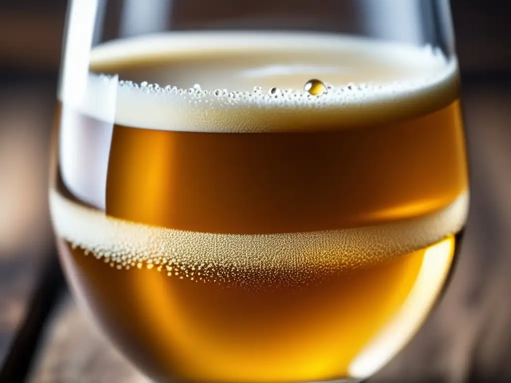 Cerveza braggot dorada con burbujas en vaso Cerveza braggot en vaso de vidrio con burbujas doradas, sobre mesa de madera rústica, condensación y ingredientes destacados