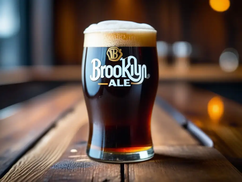 Cerveza artesanal: Brooklyn Brown Ale Cerveza Brown Ale con textura suave y burbujas, en mesa de madera rústica