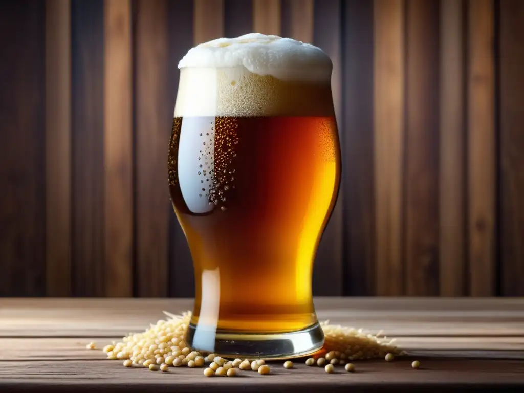 Cerveza ámbar en vaso artesanal, rodeado de granos de cebada y lúpulo en una mesa rústica - Bares en Roma