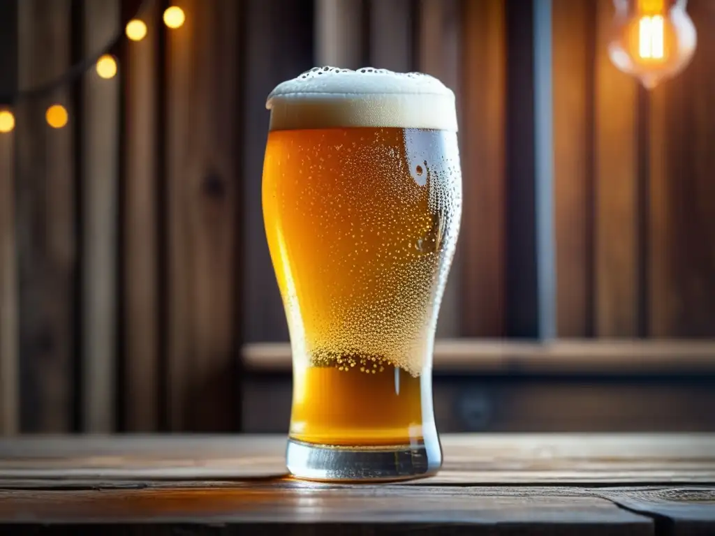 Vaso de cerveza artesanal con burbujas y color ámbar - Entre Historia y Modernidad