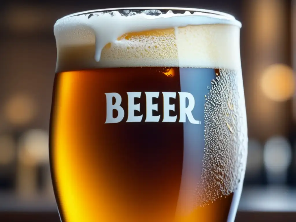 Cerveza artesanal ámbar en vaso detalle Pintura detallada de una cerveza artesanal ámbar con burbujas y tapa cremosa - Tapas y Coronas