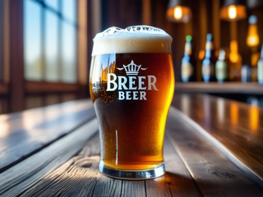 Cerveza artesanal ámbar en vaso de vidrio sobre mesa de madera