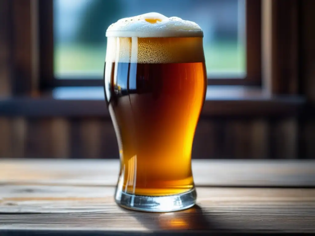 Cerveza artesanal: color ámbar y espuma cremosa Vaso de cerveza artesanal ámbar con espuma en mesa rústica - Viaje Fermentativo