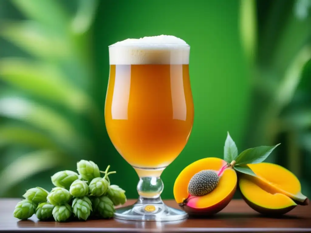 Cerveza artesanal con ingredientes exóticos Copa de cerveza artesanal con ingredientes exóticos y frutas tropicales en mercado de nicho
