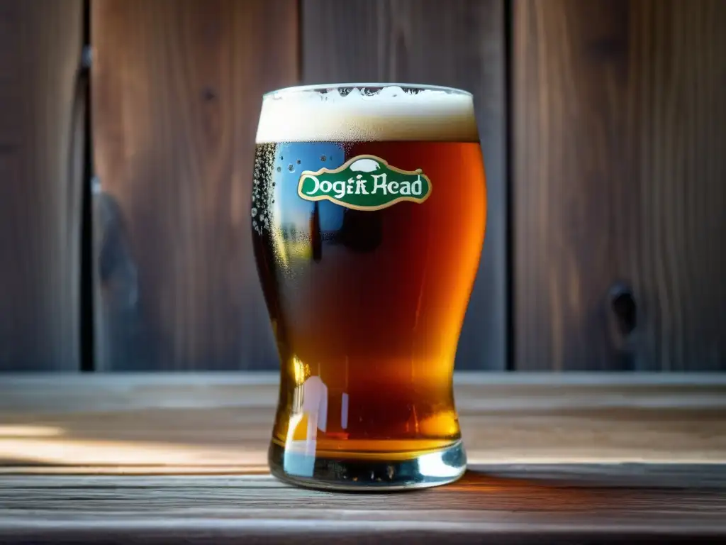 Cerveza artesanal Dogfish Head en mesa rústica Imagen de una cerveza artesanal Dogfish Head en un vaso de vidrio en una mesa de madera, con condensación y burbujas