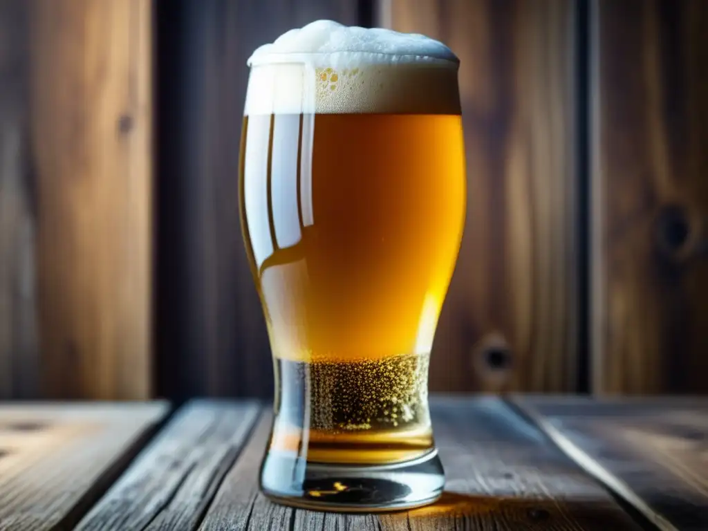Cerveza artesanal dorada y efervescente en vaso Vaso de cerveza artesanal dorada, burbujeante y con espuma abundante en una mesa de madera rústica - Recursos de Estudio