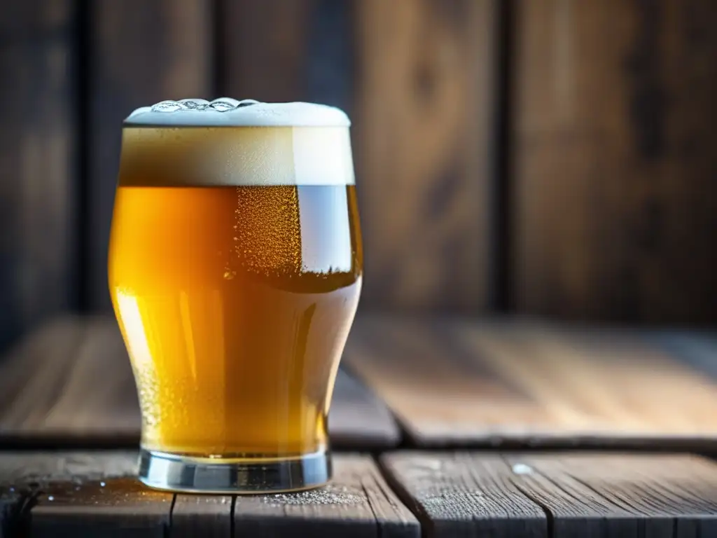 Cerveza artesanal dorada en vaso de vidrio Pasión Fermentativa: Cerveza artesanal en vaso de vidrio con espuma y condensación