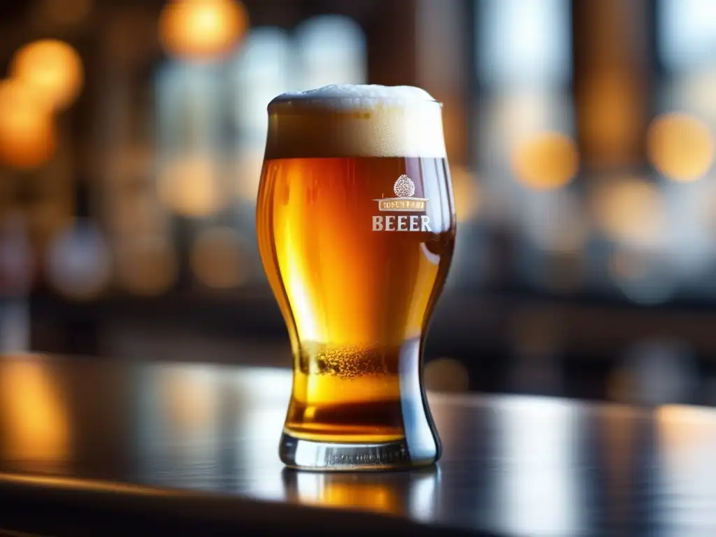 Cerveza artesanal en vaso tulipa Cerveza artesanal de color ámbar con burbujas delicadas en un vaso tulipa, resaltando su claridad y la carbonatación