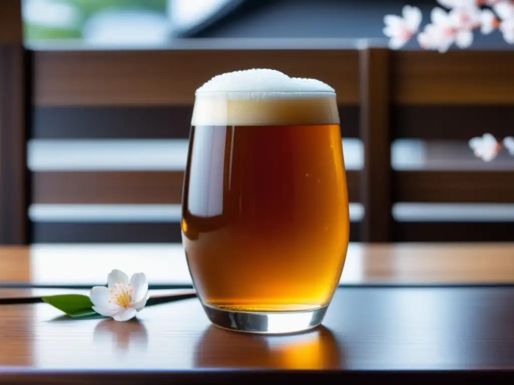 Cerveza artesanal japonesa en vaso de vidrio Copa de cerveza artesanal japonesa con espuma cremosa y elementos tradicionales japoneses - Asia cerveza craft