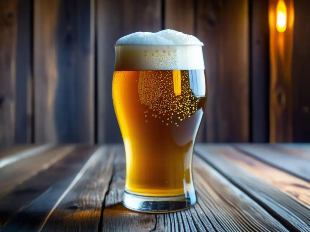 Cerveza artesanal dorada con burbujas, condensación y espuma en una mesa de madera - Certificación y Oportunidades Laborales