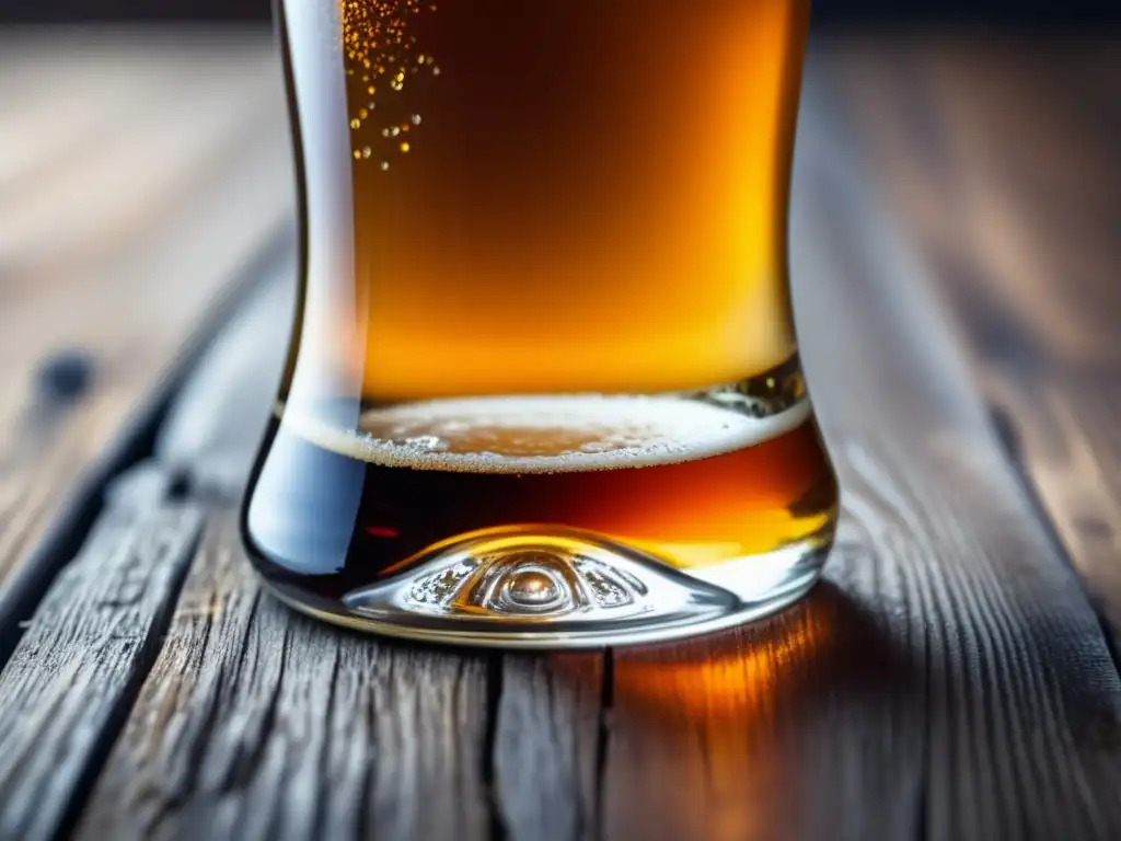 Cerveza dorada en mesa rústica Cerveza ámbar con burbujas y espuma en mesa rústica - Pasión Fermentativa