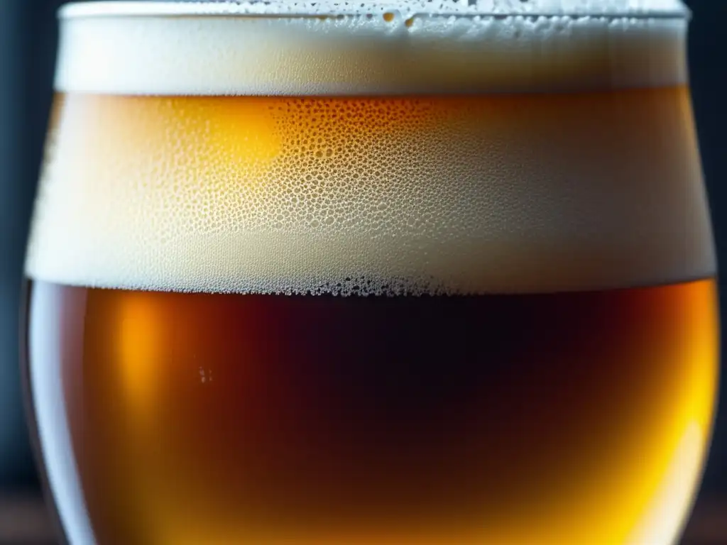 Cerveza belga ámbar con burbujas brillantes Cerveza belga: pintura de vidrio con espuma cremosa y tonos cálidos