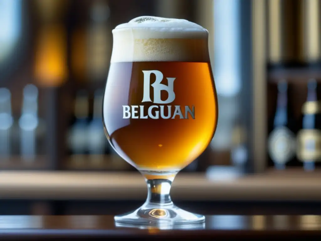 Cerveza belga artesanal en vaso exquisito Degustaciones temáticas: Vaso belga con cerveza dorada y espuma cremosa