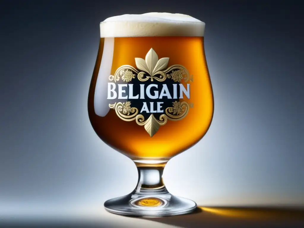Vaso de cerveza belga dorada Detallada imagen de una exquisita cerveza belga dorada en vaso grabado con delicados patrones