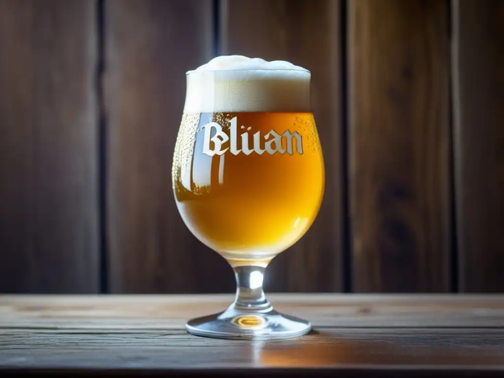 Cerveza belga dorada en vaso tradicional Copa de cerveza belga dorada con espuma blanca en mesa de madera - Ruta por Bélgica