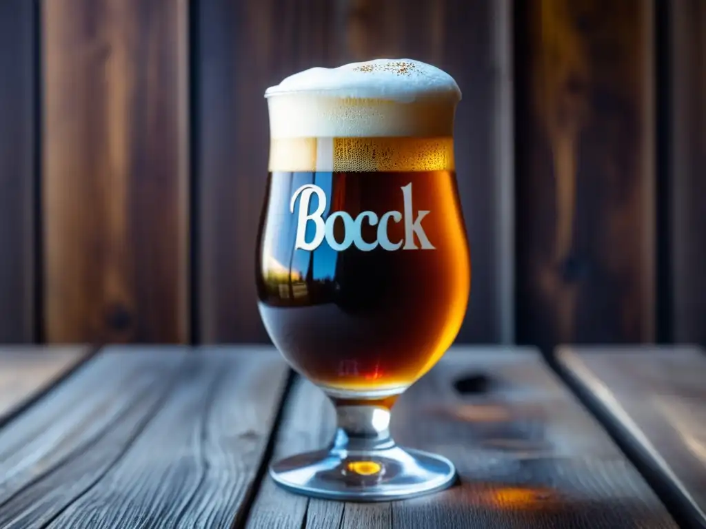 Cerveza Bock dorada y espumosa en vaso de cristal Vaso de cerveza Bock ámbar con espuma cremosa y burbujas, en mesa de madera rústica