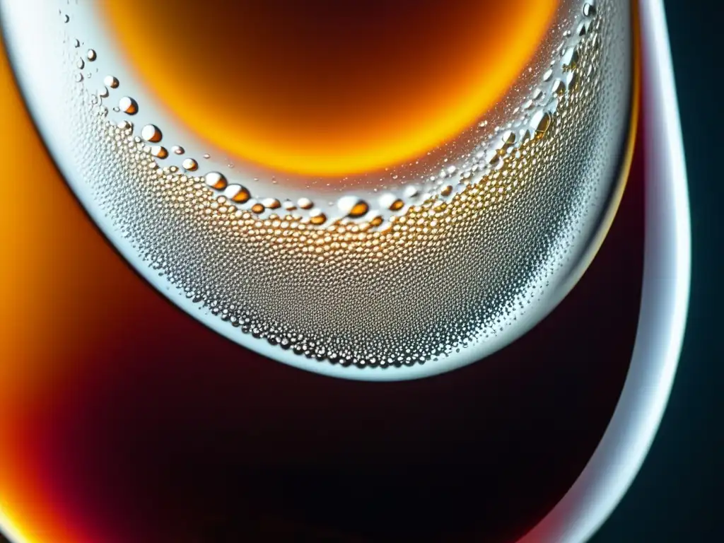 Cerveza Barleywine Cabesas Bier: rica y ambarina, con burbujas y textura sedosa en un vaso, luz y sombras en fondo difuminado