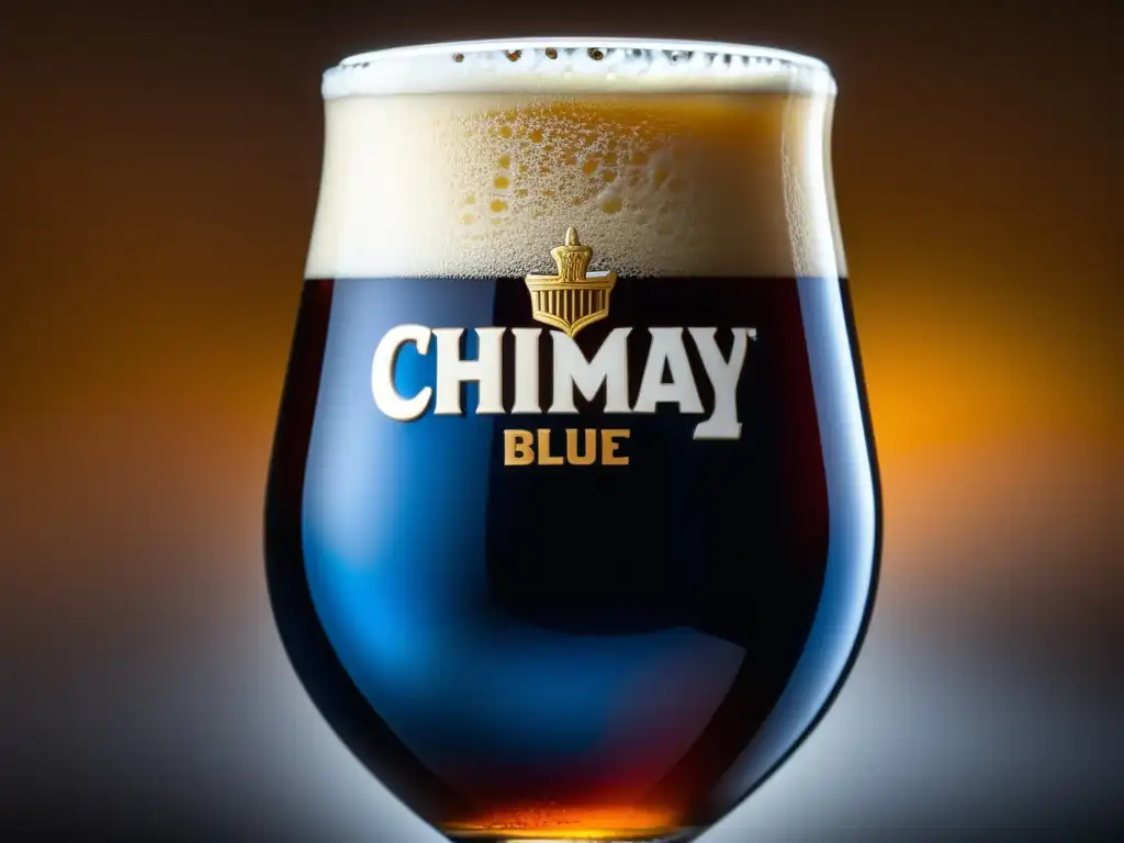 Cerveza belga Chimay Blue en vaso, detalle Cerveza Chimay Blue Belgian Ale, detalle perfecto del vertido, color ámbar intenso, cabeza cremosa, burbujas carbonatadas