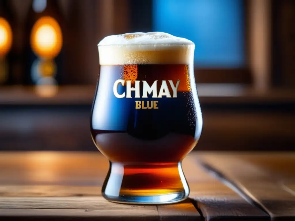 Cerveza Chimay Blue en vaso belga Vaso de cerveza Chimay Blue, Ale belga, atmósfera cálida y rústica