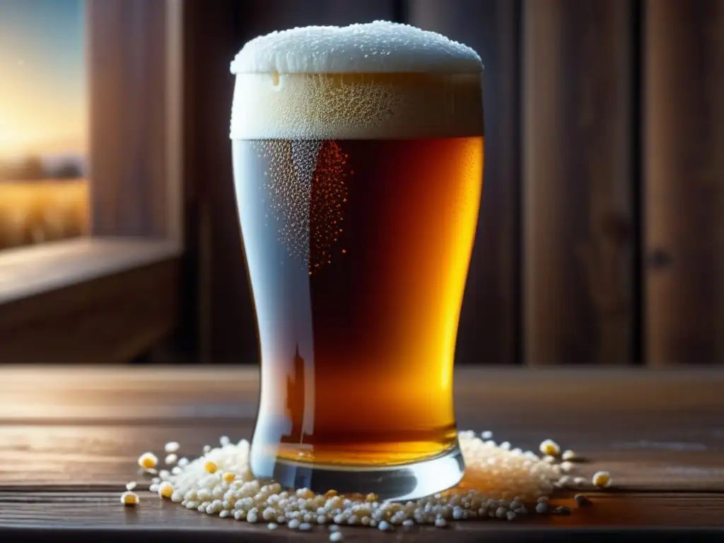 Cerveza ámbar en vaso congelado, rodeado de lúpulo y granos de cebada