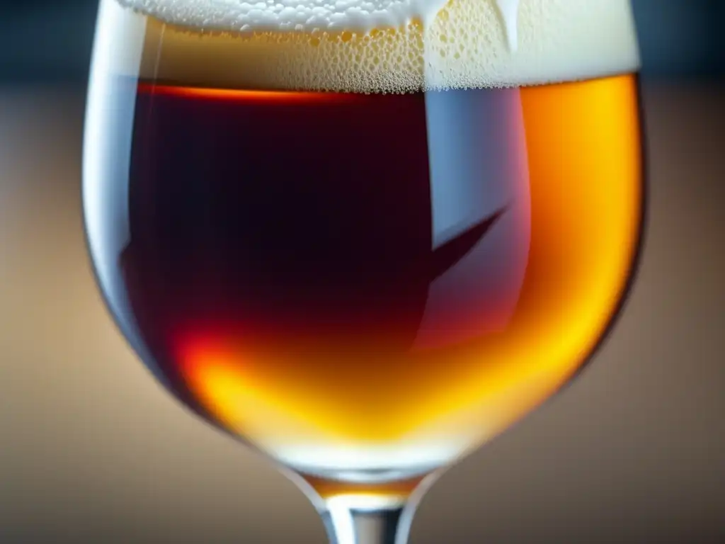 Vaso de cristal lleno de cerveza Barleywine ámbar, burbujas y espuma blanca
