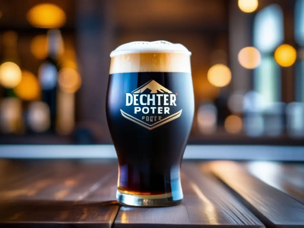 Cerveza artesanal: Deschutes Black Butte Porter Vaso de cerveza Porter Deschutes Black Butte, color oscuro y espuma cremosa, en mesa de madera rústica