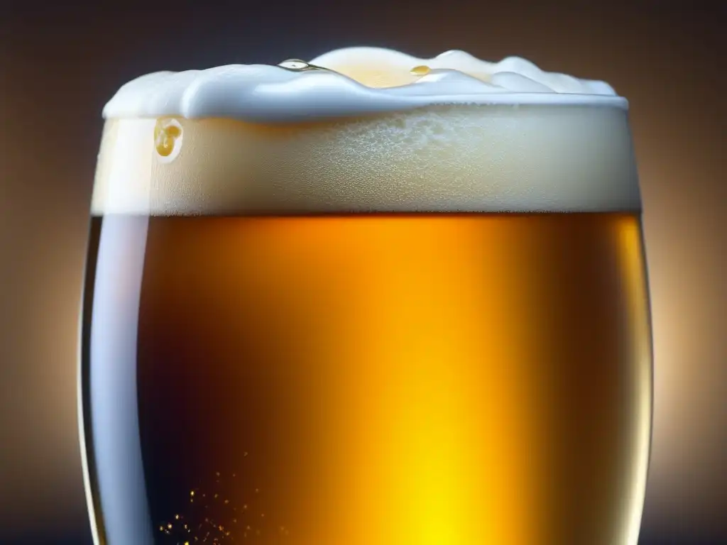 Glosario cervecero: Imagen impactante de un vaso de cerveza dorada con espuma cremosa y un fondo difuminado