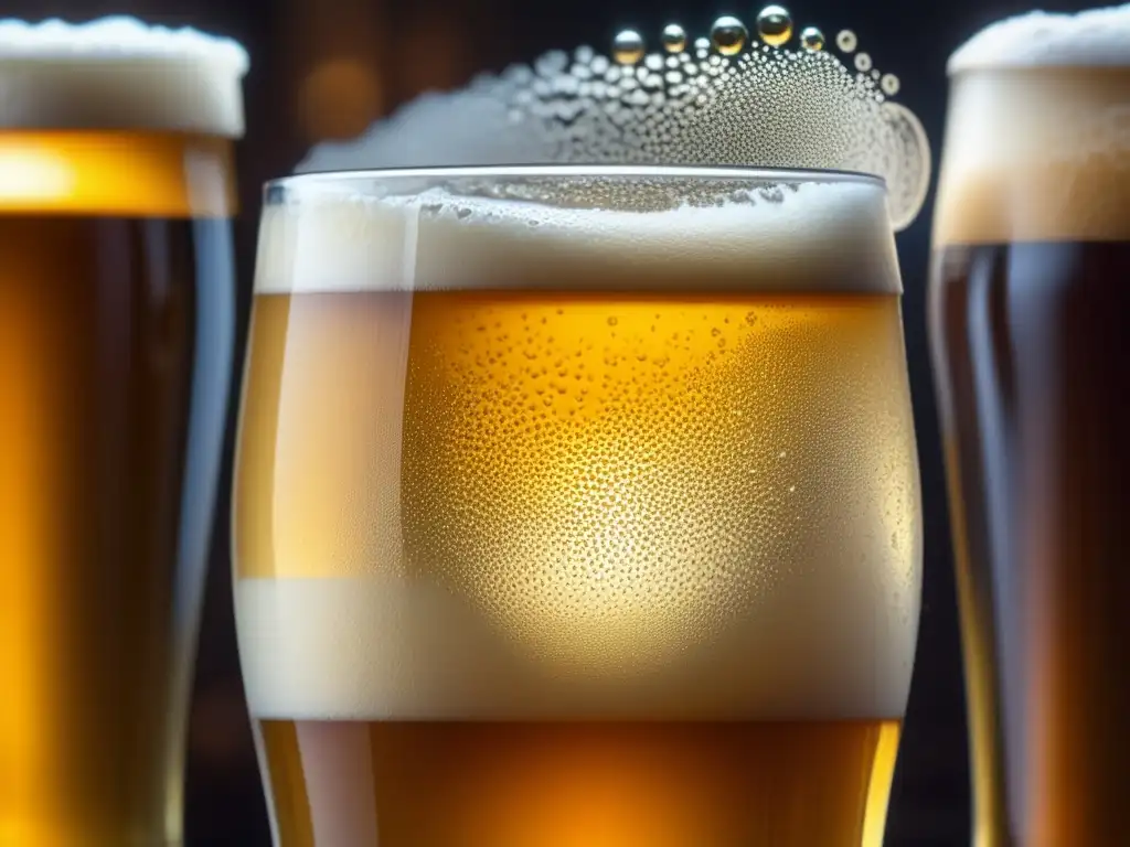 Cerveza dorada en vaso con burbujas Vaso de cerveza dorada y espumosa con patrones grabados y reflejos brillantes