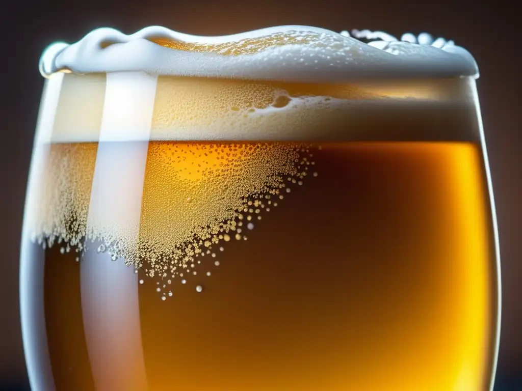 Cerveza dorada con espuma abundante Impresiones y Registro: Cerveza dorada con espuma cremosa y burbujas efervescentes en un vaso de cerveza